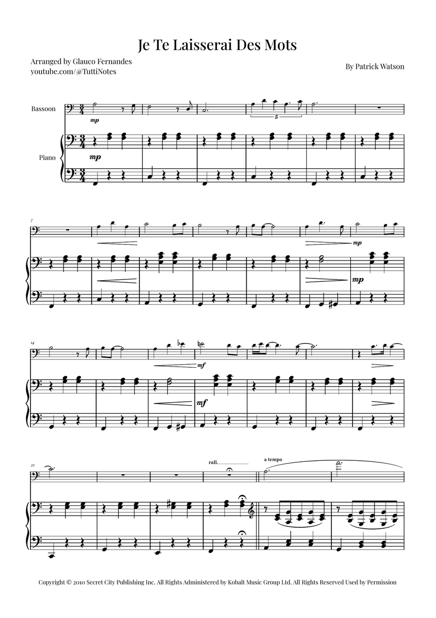 Je Te Laisserai Des Mots Bassoon scores gallery preview page 1