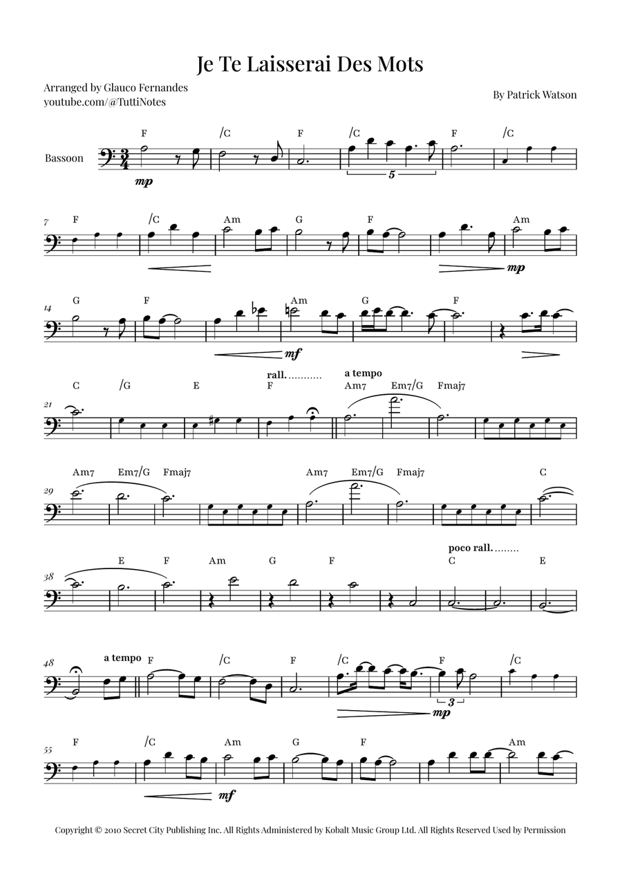 Je Te Laisserai Des Mots Bassoon Solo scores gallery preview page 1