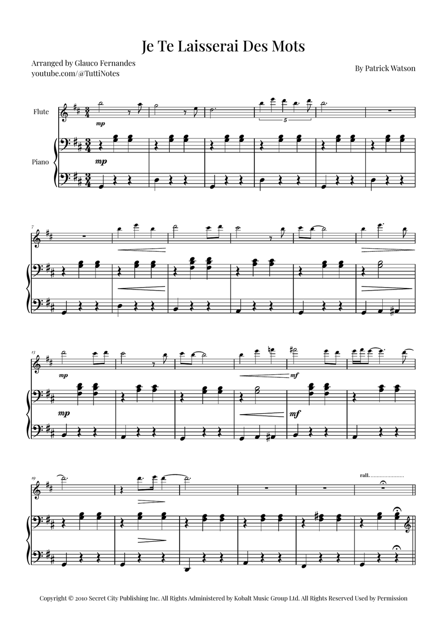 Je Te Laisserai Des Mots Flute Solo scores gallery preview page 1