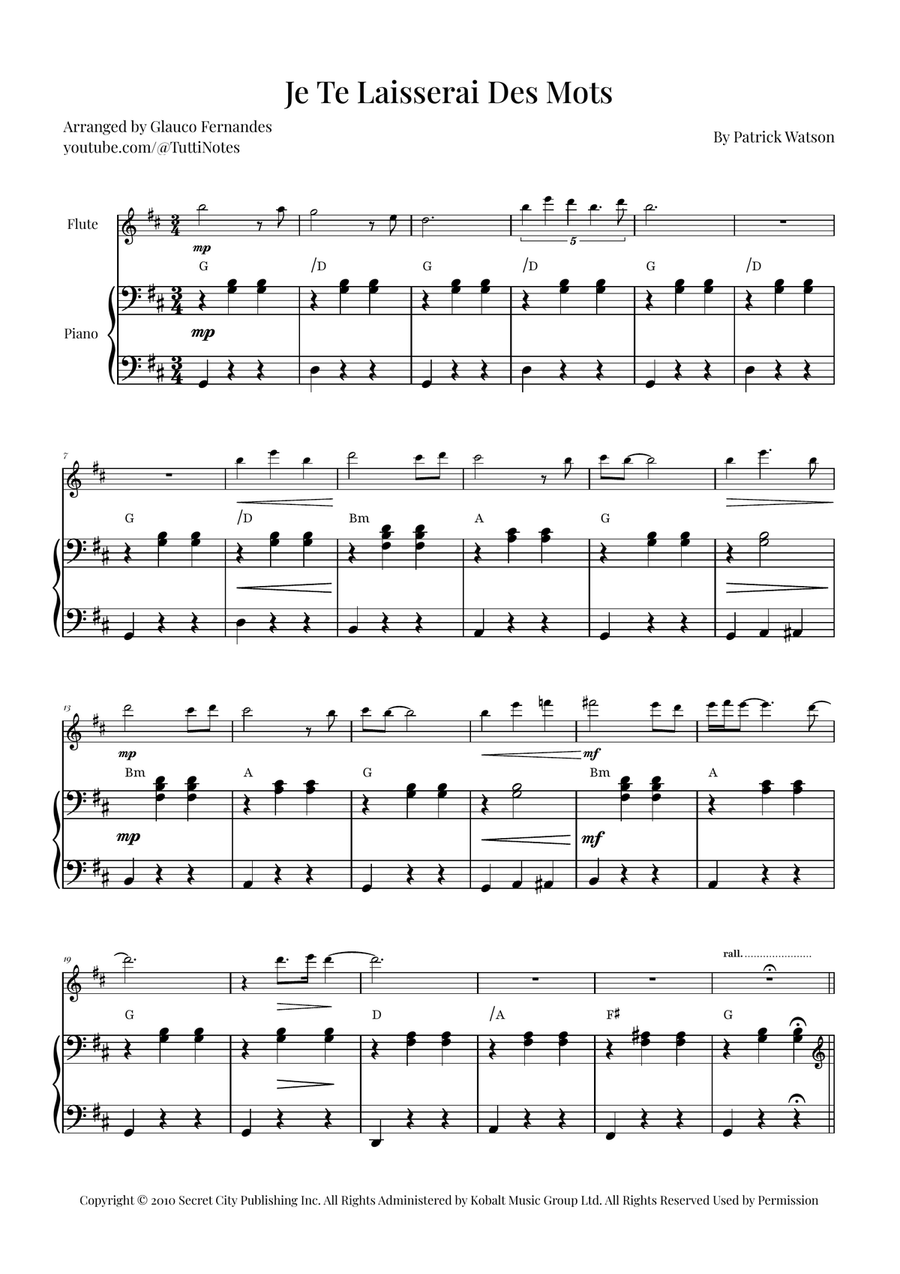 Je Te Laisserai Des Mots Flute Solo scores gallery preview page 1
