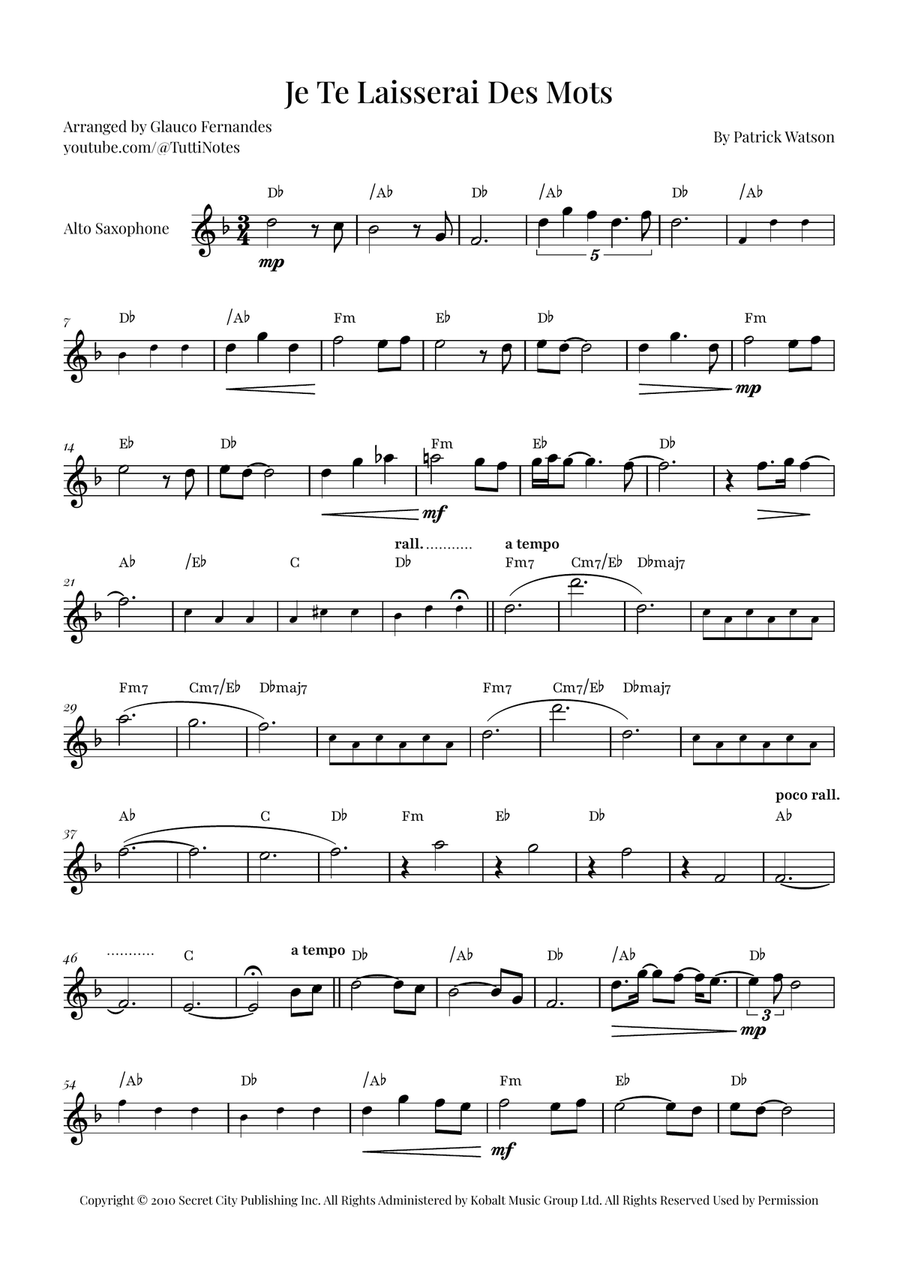 Je Te Laisserai Des Mots Alto Saxophone scores gallery preview page 1