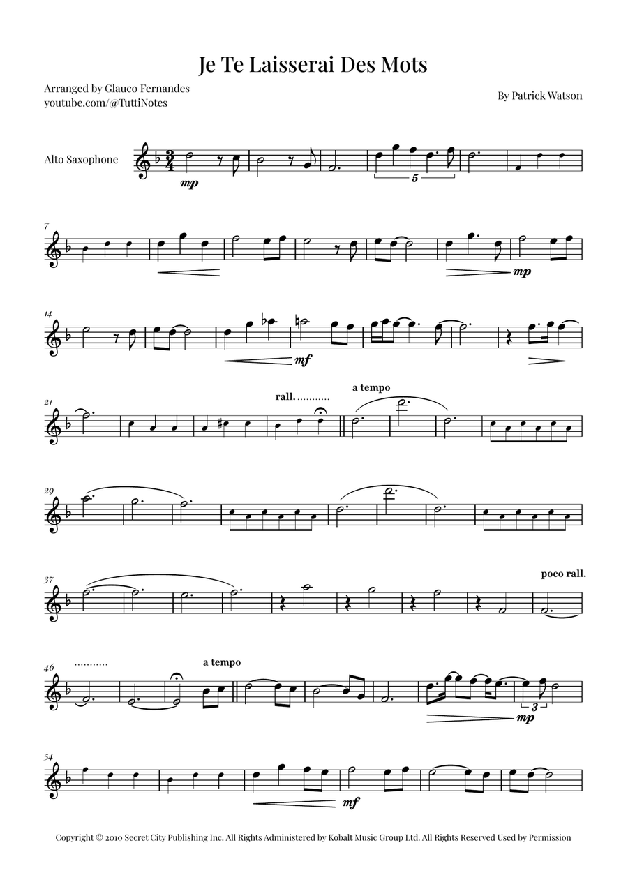 Je Te Laisserai Des Mots Alto Saxophone scores gallery preview page 1