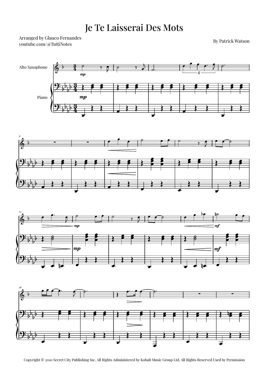 Je Te Laisserai Des Mots Alto Saxophone scores gallery preview page 1