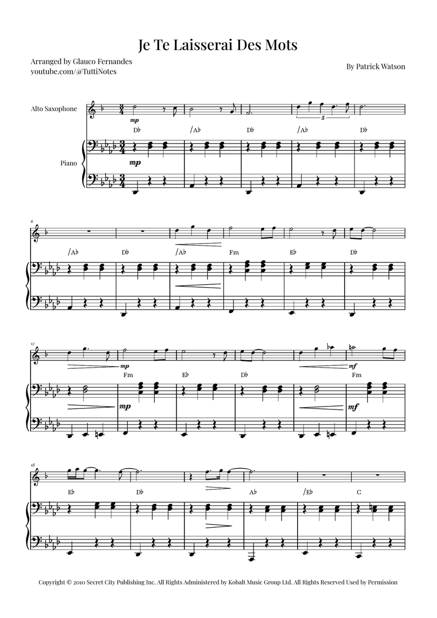 Je Te Laisserai Des Mots Alto Saxophone scores gallery preview page 1