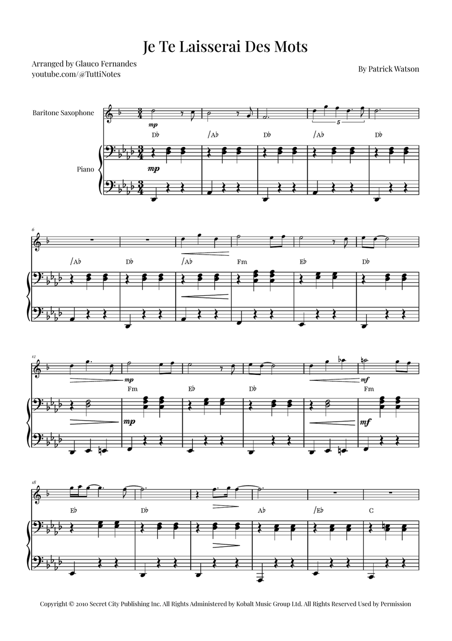 Je Te Laisserai Des Mots Baritone Saxophone scores gallery preview page 1