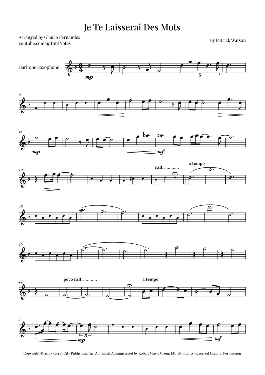 Je Te Laisserai Des Mots Baritone Saxophone scores gallery preview page 1