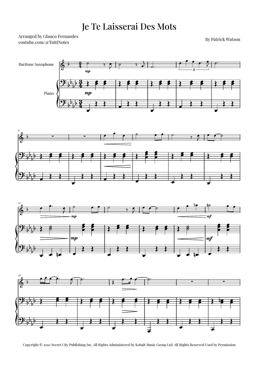 Je Te Laisserai Des Mots Baritone Saxophone scores gallery preview page 1