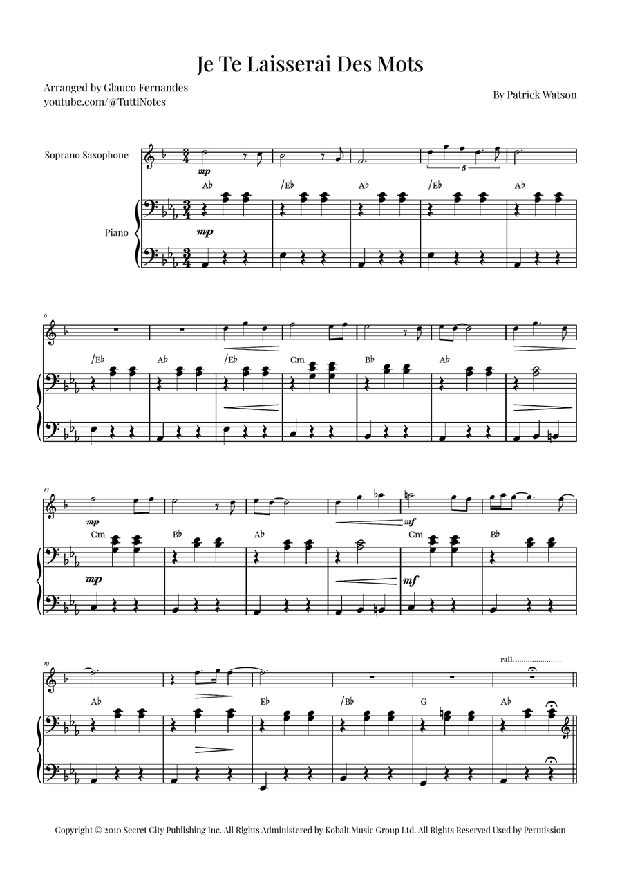 Je Te Laisserai Des Mots Soprano Saxophone scores gallery preview page 1