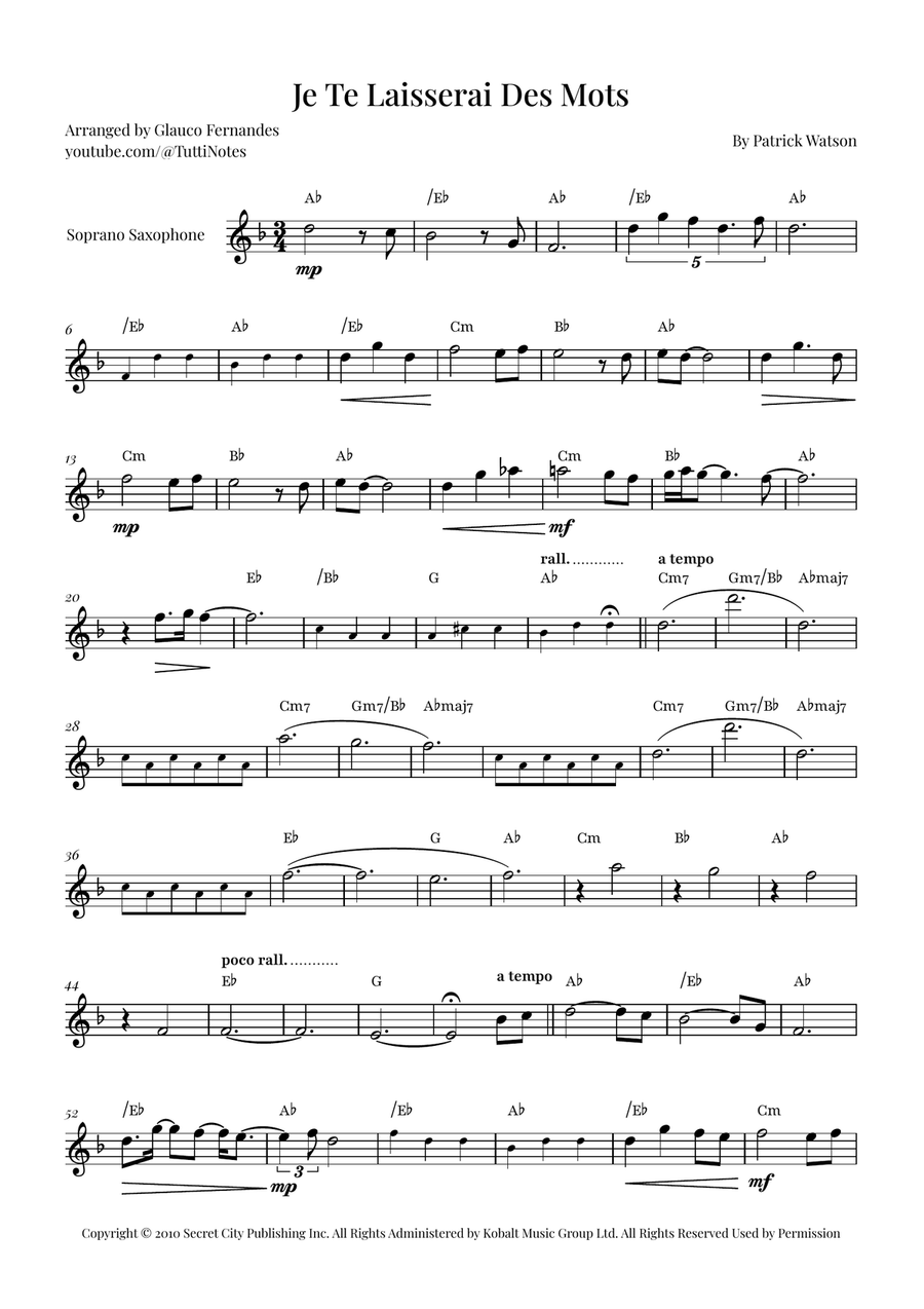Je Te Laisserai Des Mots Soprano Saxophone scores gallery preview page 1