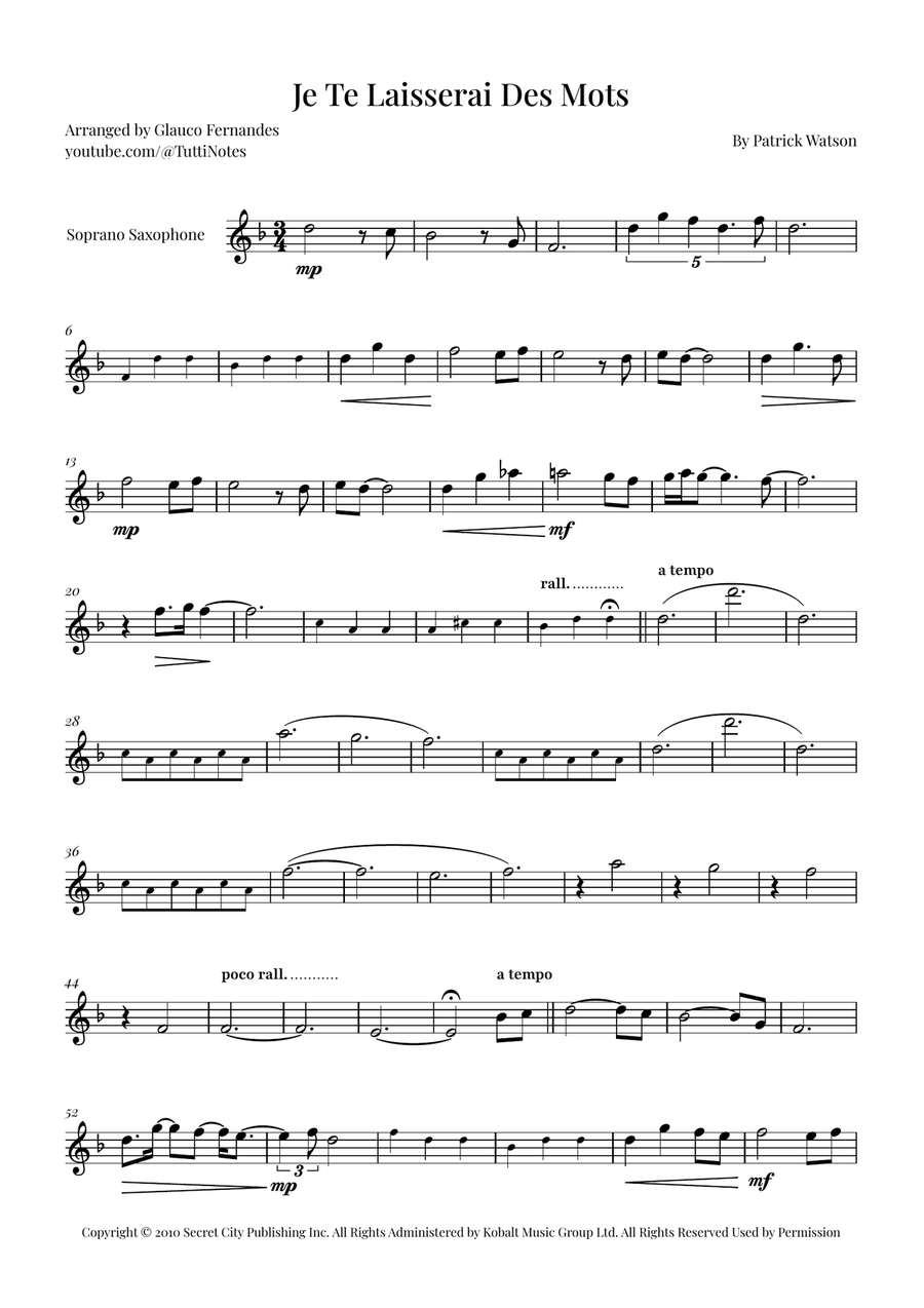 Je Te Laisserai Des Mots Soprano Saxophone scores gallery preview page 1