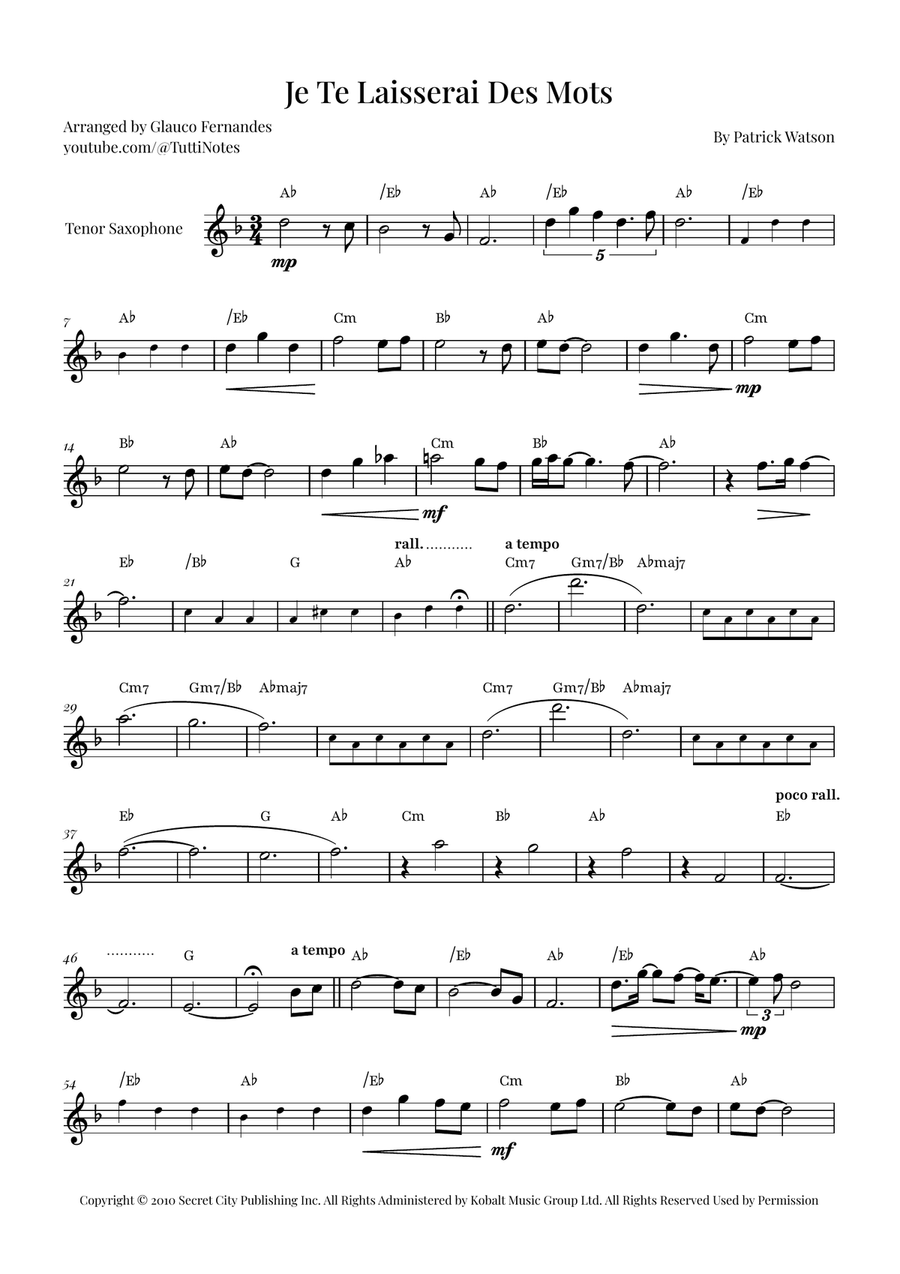 Je Te Laisserai Des Mots Tenor Saxophone scores gallery preview page 1