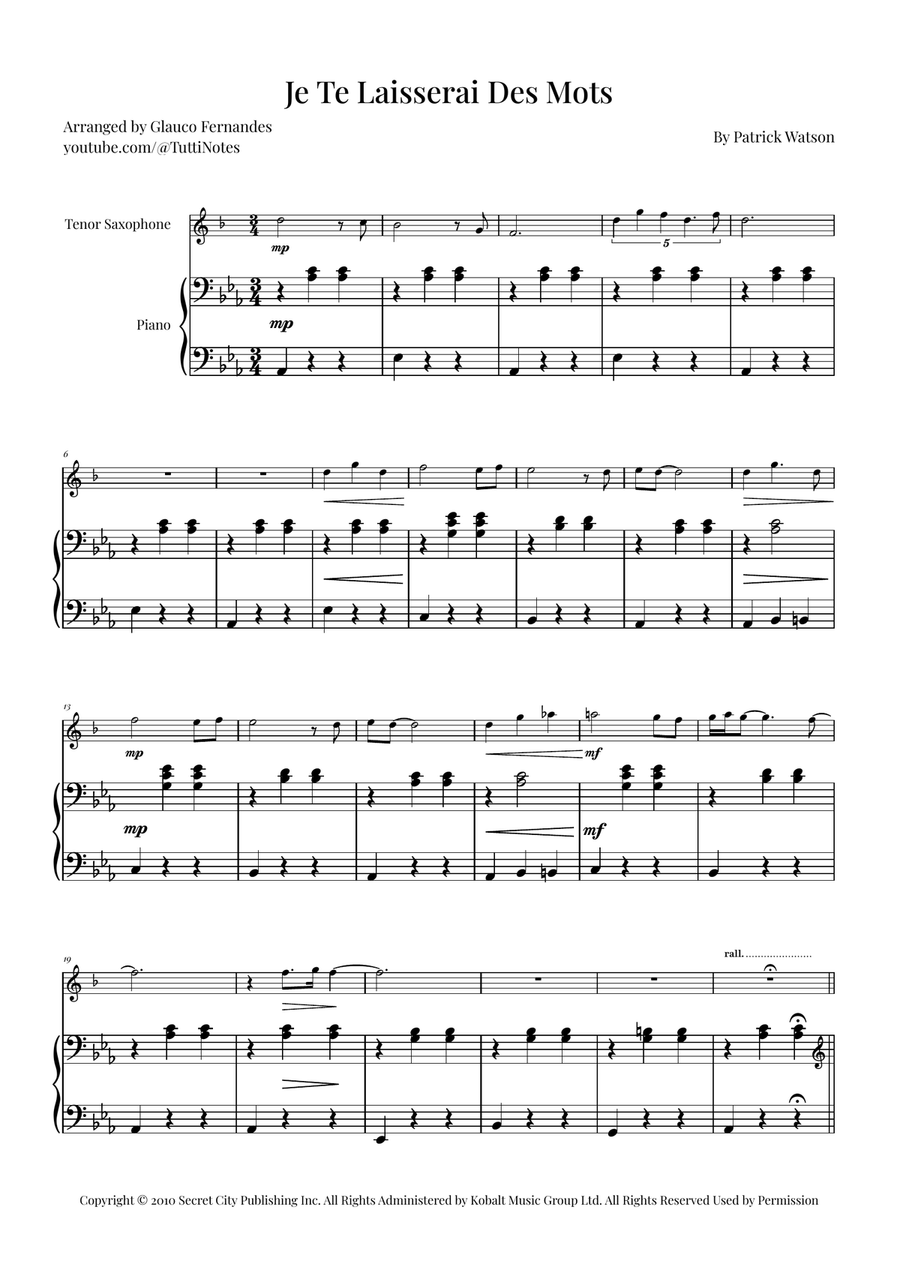 Je Te Laisserai Des Mots Tenor Saxophone scores gallery preview page 1