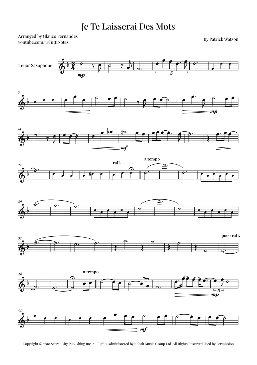 Je Te Laisserai Des Mots Tenor Saxophone scores gallery preview page 1