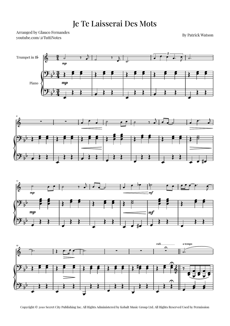 Je Te Laisserai Des Mots B-Flat Trumpet scores gallery preview page 1