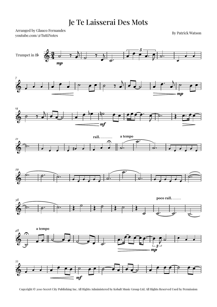 Je Te Laisserai Des Mots B-Flat Trumpet scores gallery preview page 1
