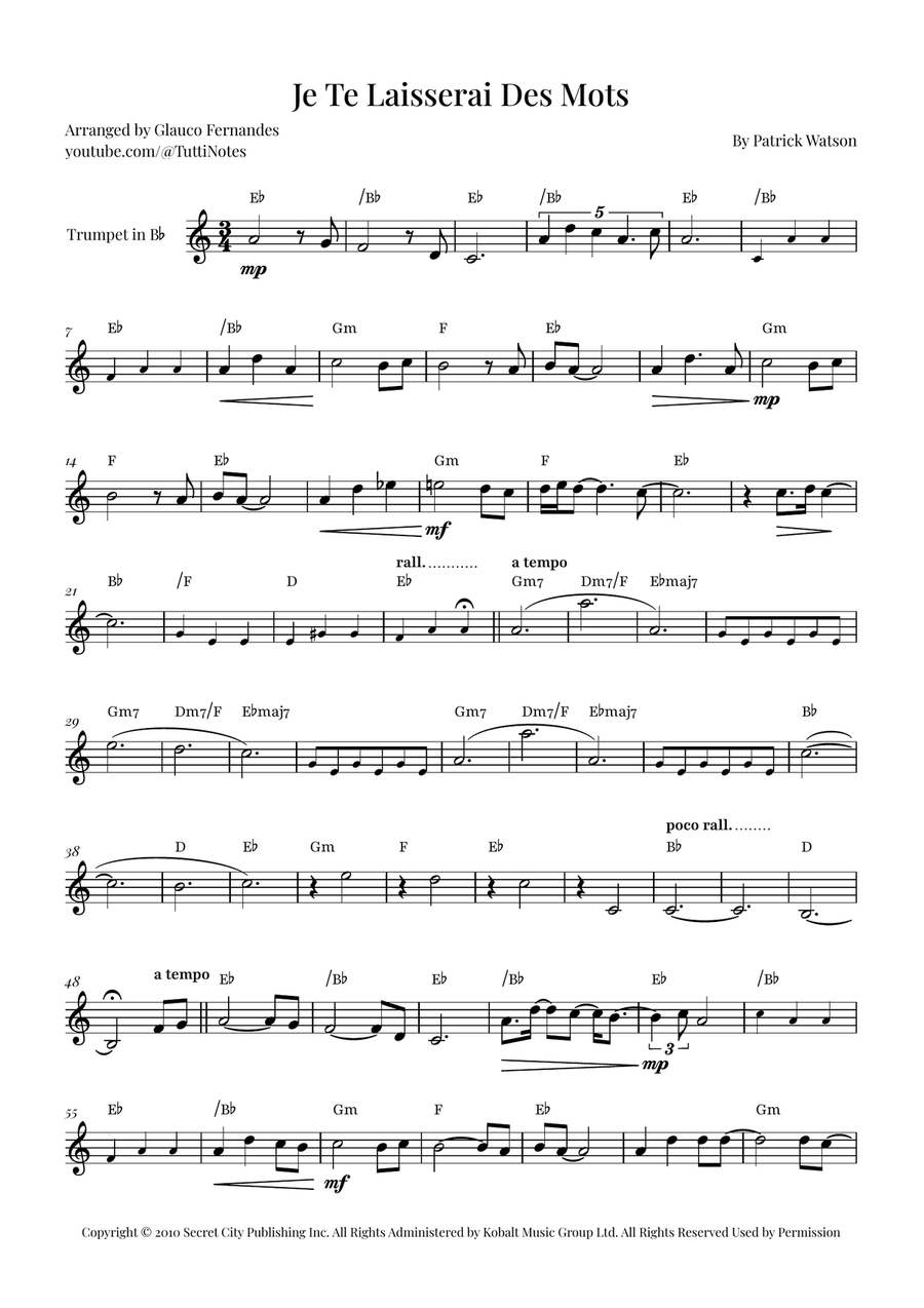 Je Te Laisserai Des Mots B-Flat Trumpet scores gallery preview page 1