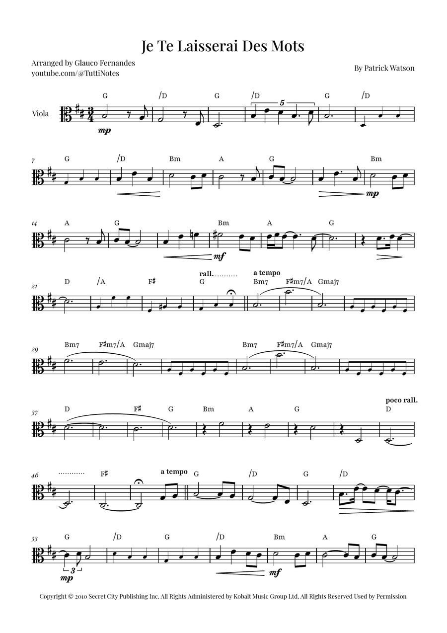 Je Te Laisserai Des Mots Viola Solo scores gallery preview page 1