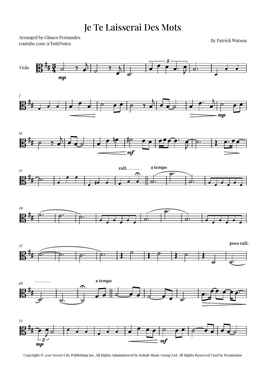 Je Te Laisserai Des Mots Viola Solo scores gallery preview page 1