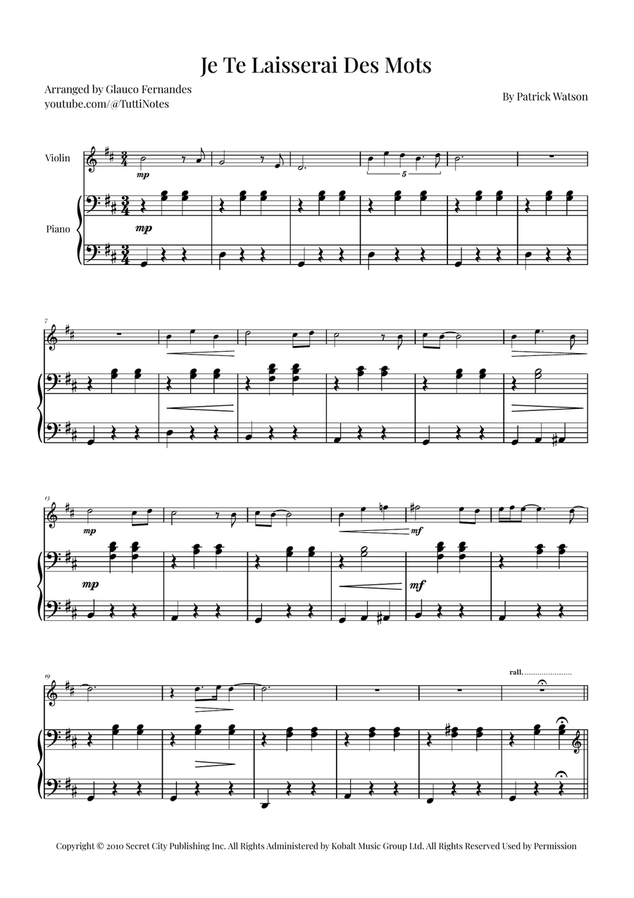 Je Te Laisserai Des Mots Violin Solo scores gallery preview page 1