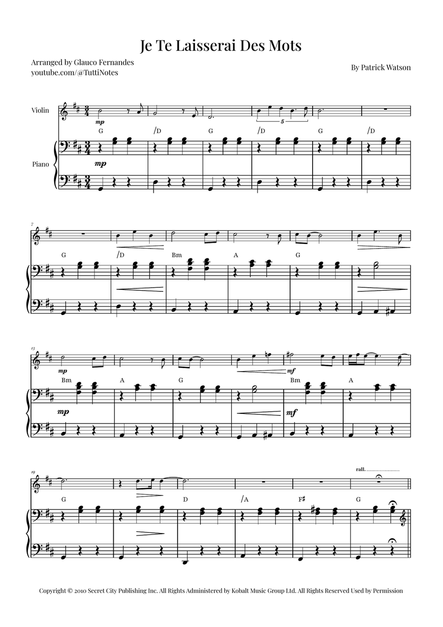 Je Te Laisserai Des Mots Violin Solo scores gallery preview page 1
