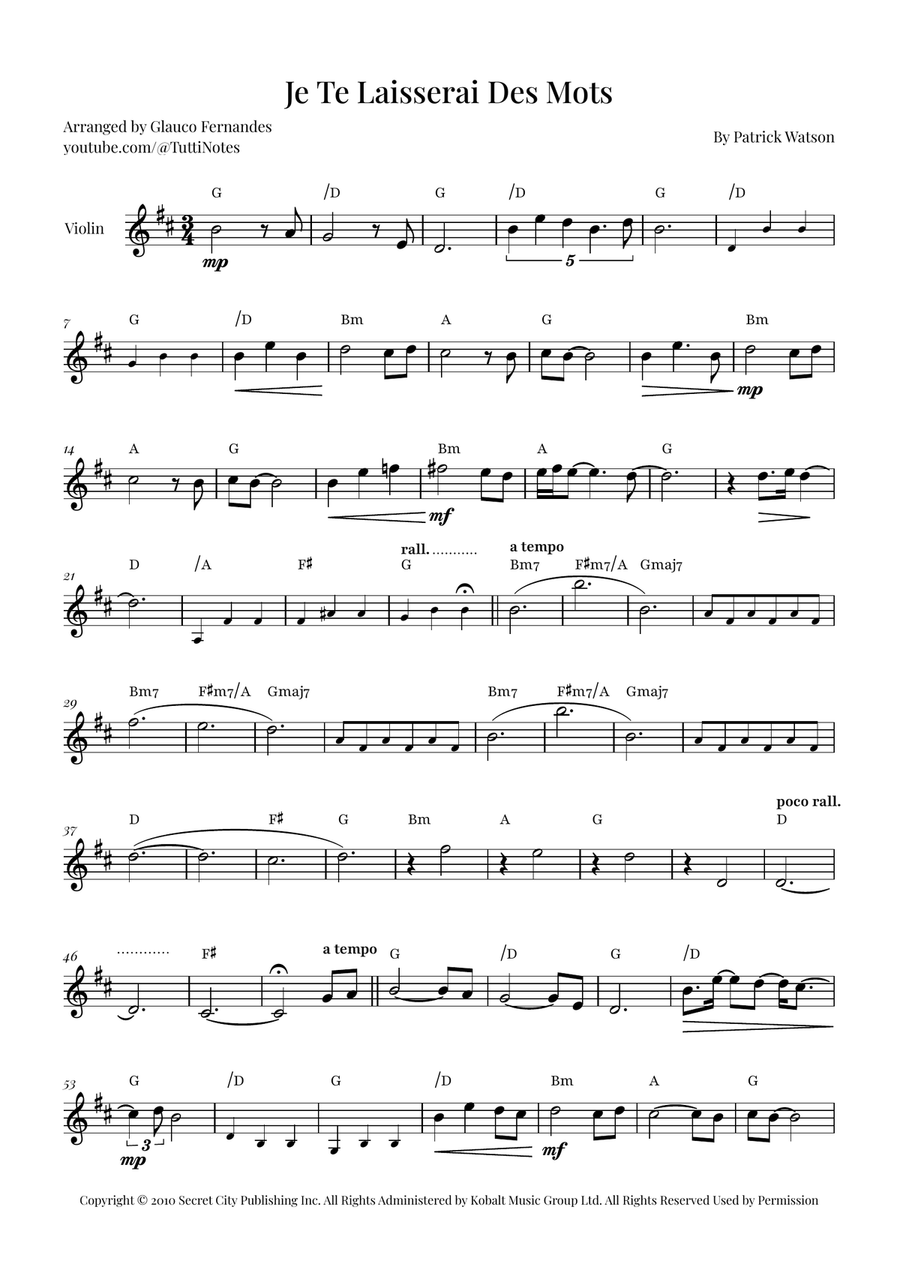 Je Te Laisserai Des Mots Violin Solo scores gallery preview page 1