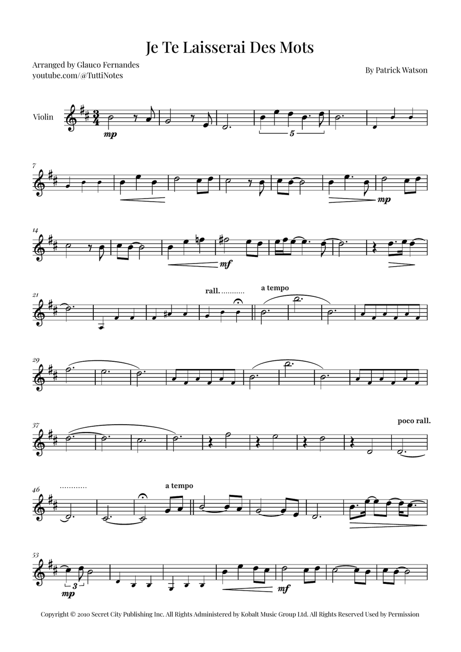 Je Te Laisserai Des Mots Violin Solo scores gallery preview page 1