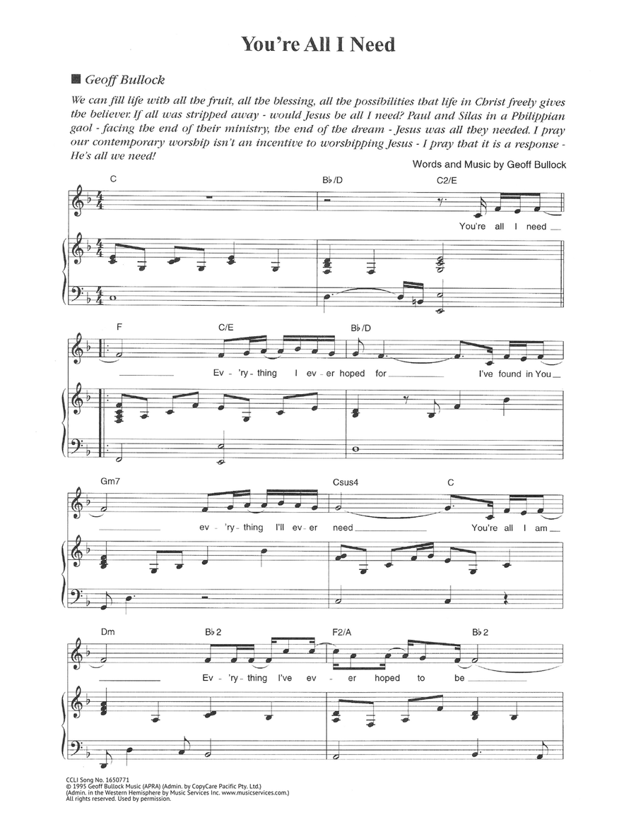 You're All I Need You're All I Need Piano, Vocal scores gallery preview page 1
