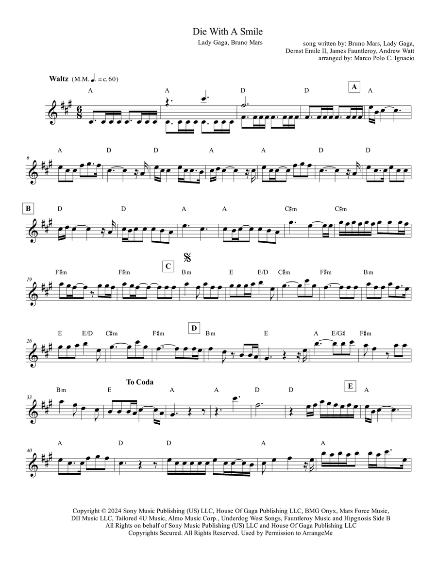 Die With A Smile Piano scores gallery preview page 1