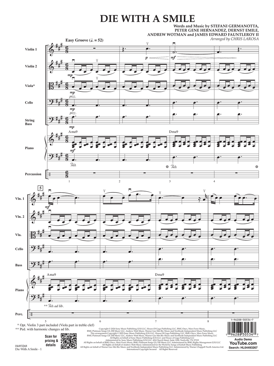 Die With A Smile (arr. Chris Larosa) - Conductor Score (Full Score) String Orchestra scores gallery preview page 1
