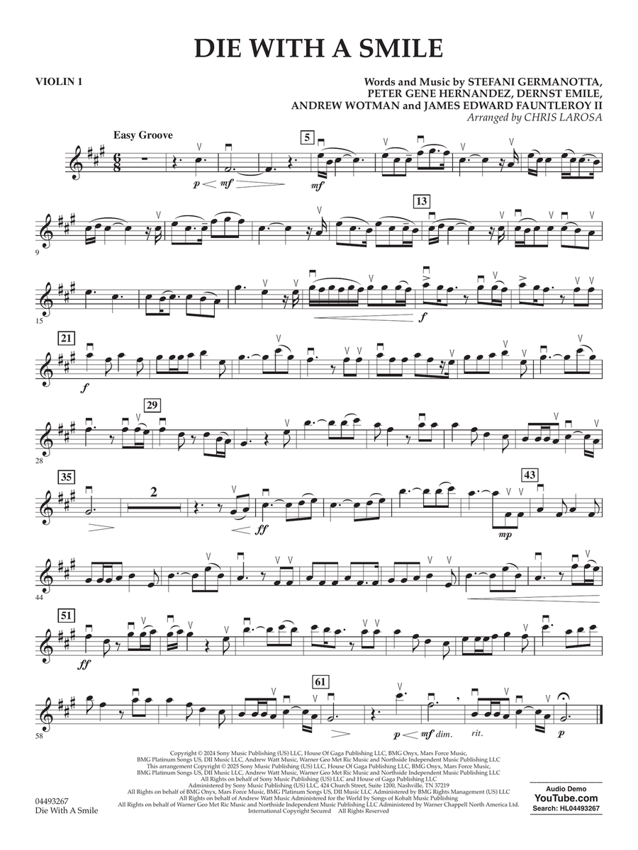 Die With A Smile (arr. Chris Larosa) - Violin 1 String Orchestra scores gallery preview page 1