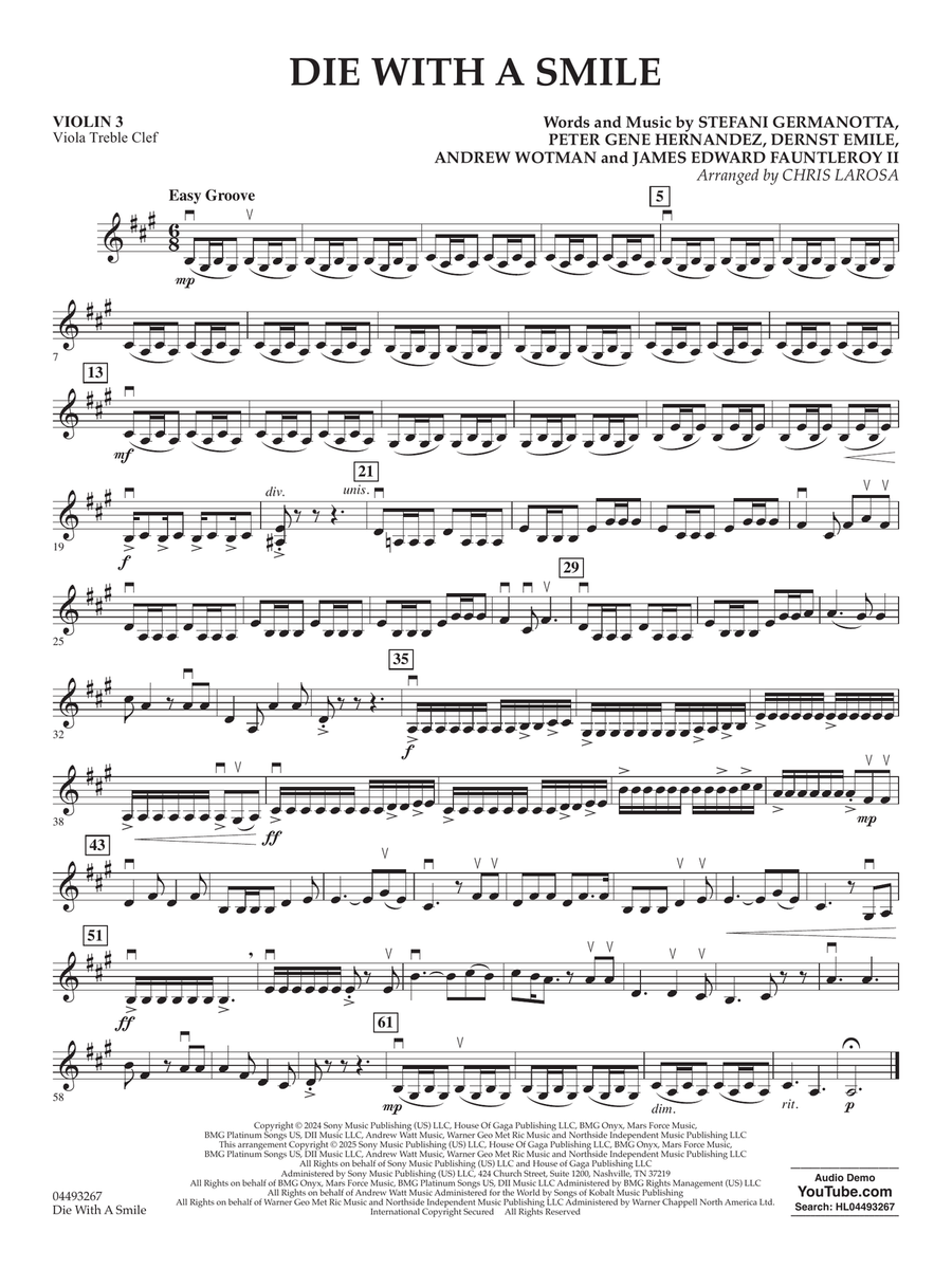 Die With A Smile (arr. Chris Larosa) - Violin 3 (Viola Treble Clef) String Orchestra scores gallery preview page 1
