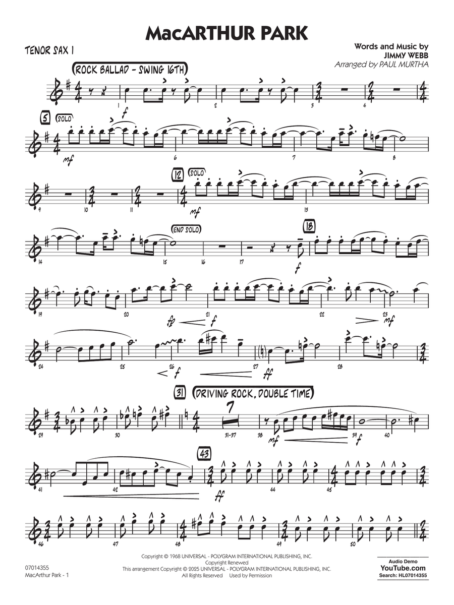 MacArthur Park (arr. Paul Murtha) - Tenor Sax 1 Jazz Ensemble scores gallery preview page 1