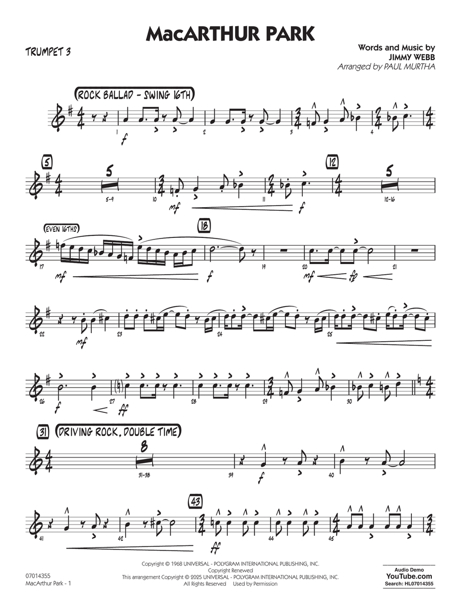 MacArthur Park (arr. Paul Murtha) - Trumpet 3 Jazz Ensemble scores gallery preview page 1