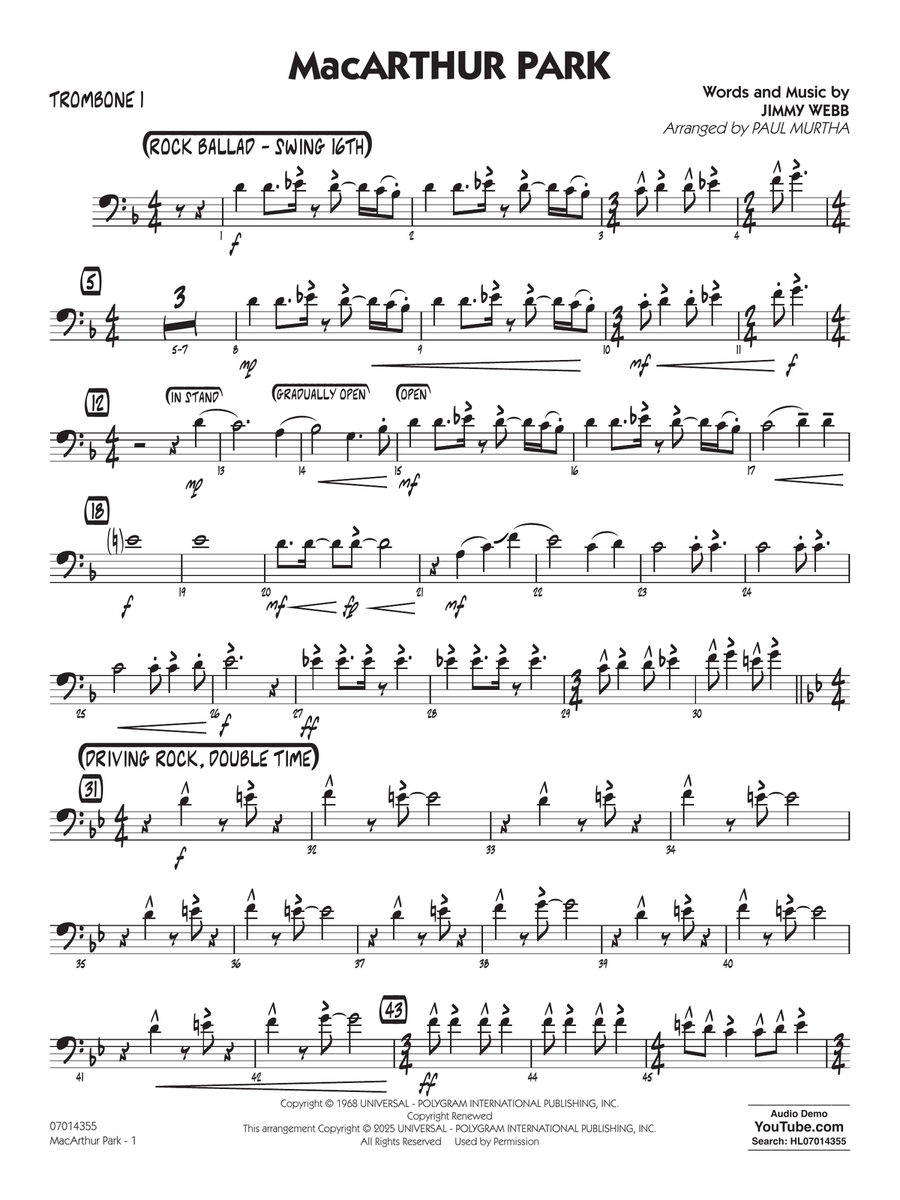 MacArthur Park (arr. Paul Murtha) - Trombone 1 Jazz Ensemble scores gallery preview page 1