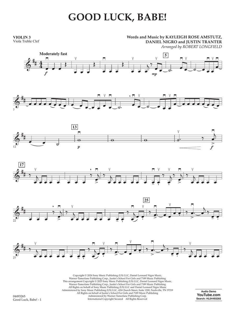 Good Luck, Babe! (arr. Robert Longfield) - Violin 3 (Viola Treble Clef) String Orchestra scores gallery preview page 1