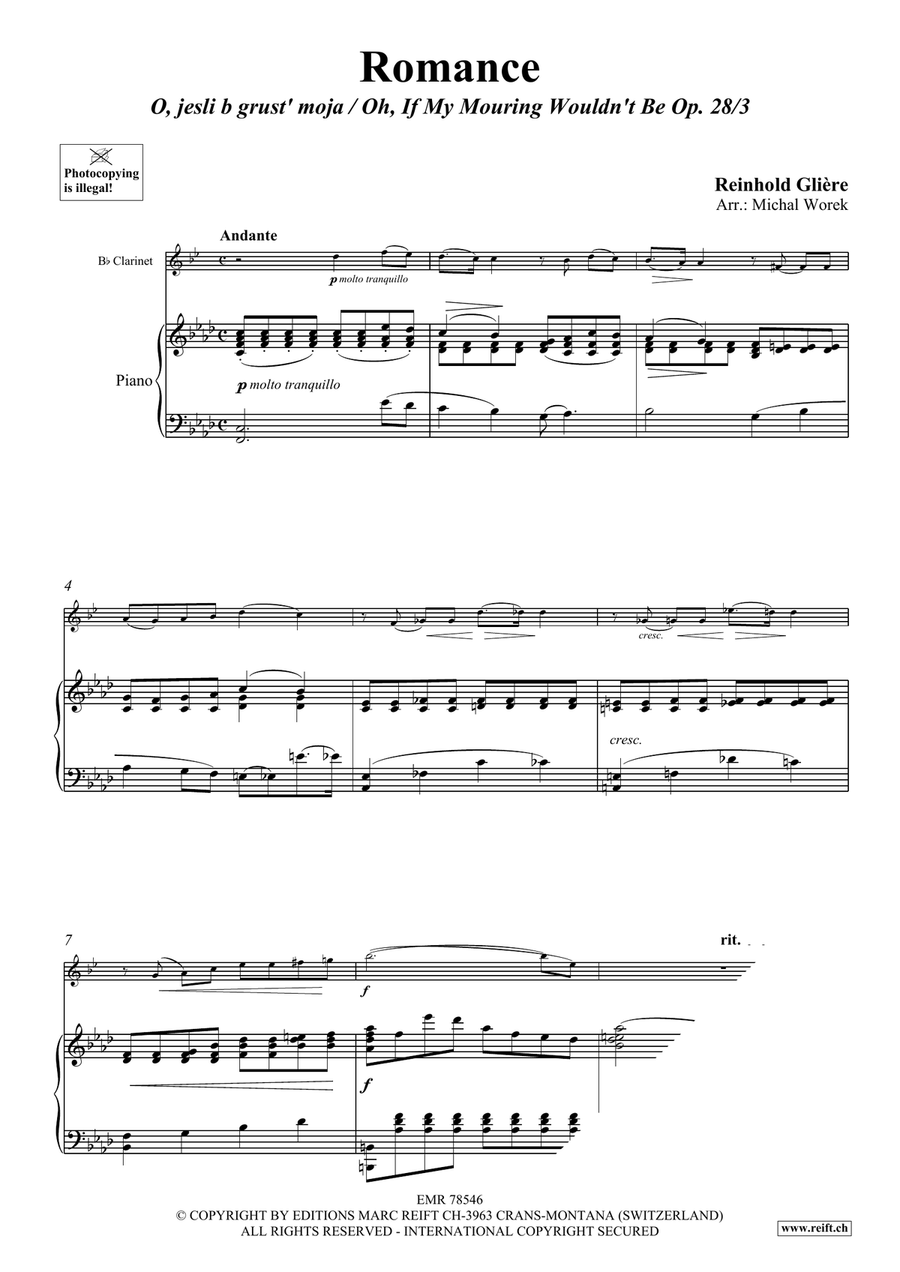 Romance by Reinhold Moritzovich Gliere Clarinet Solo - Sheet Music page 3