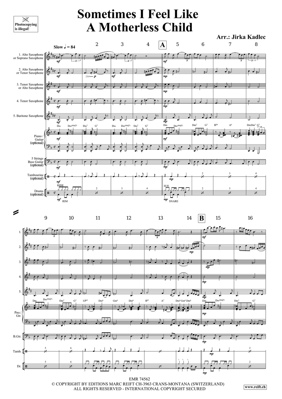 Sometimes I Feel Like A Motherless Child Saxophone Quintet scores gallery preview page 3