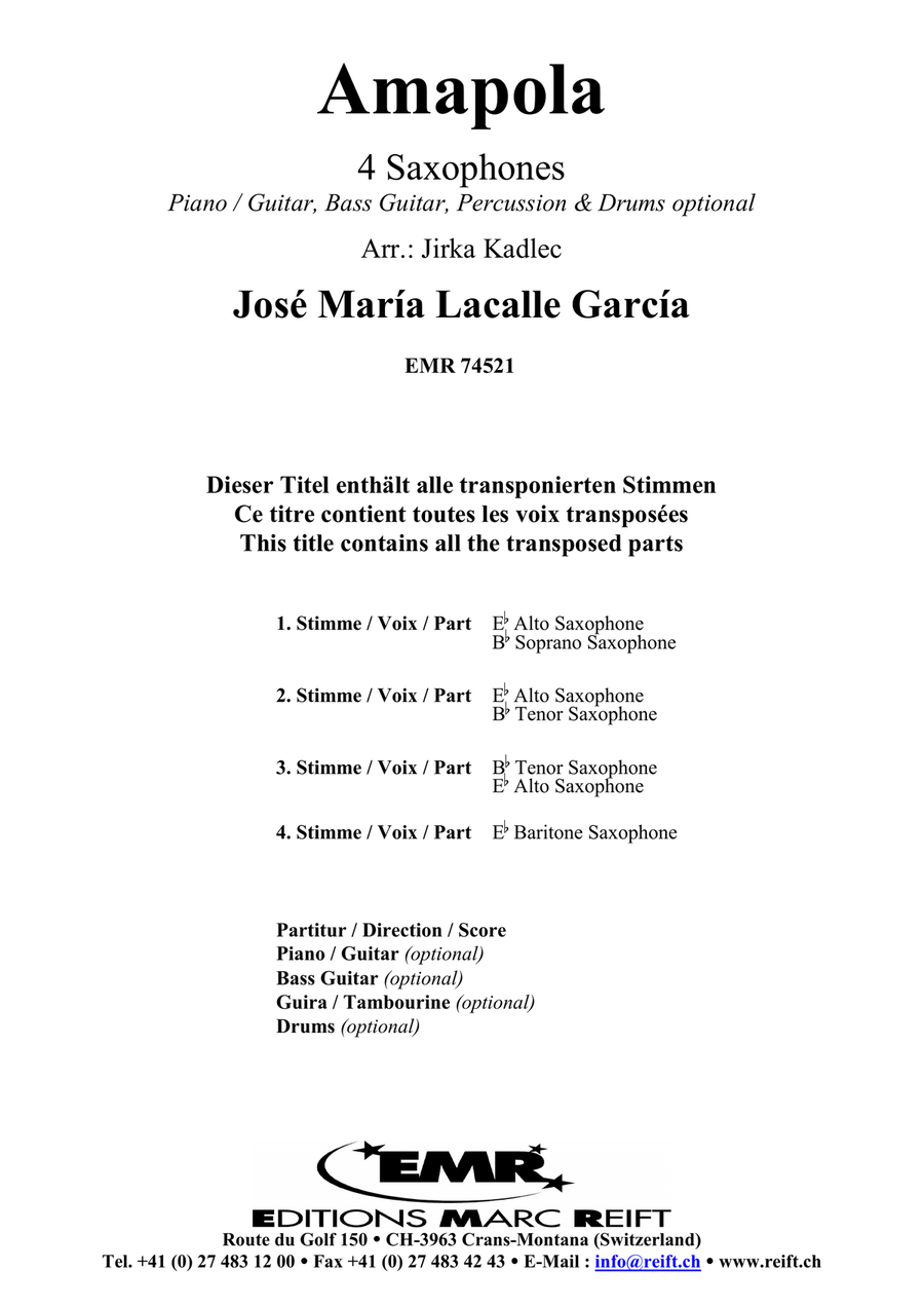 Amapola Amapola Saxophone Quartet scores gallery preview page 2