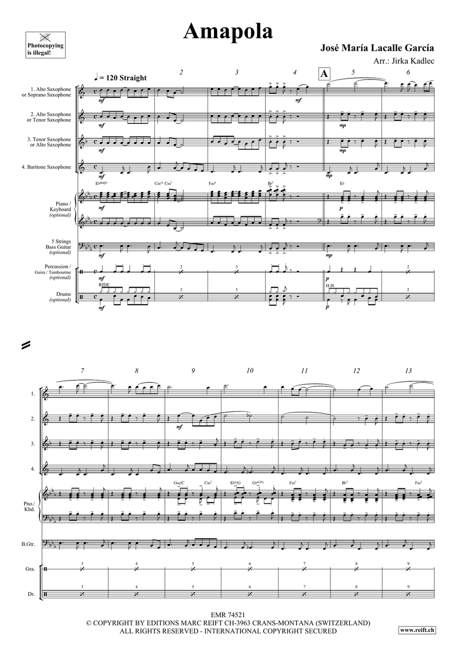 Amapola Amapola Saxophone Quartet scores gallery preview page 3
