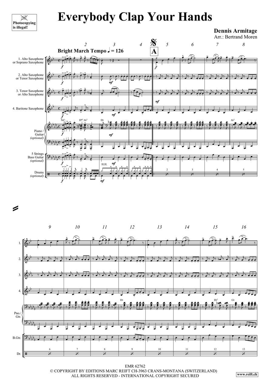 Everybody Clap Your Hands Saxophone Quartet scores gallery preview page 4