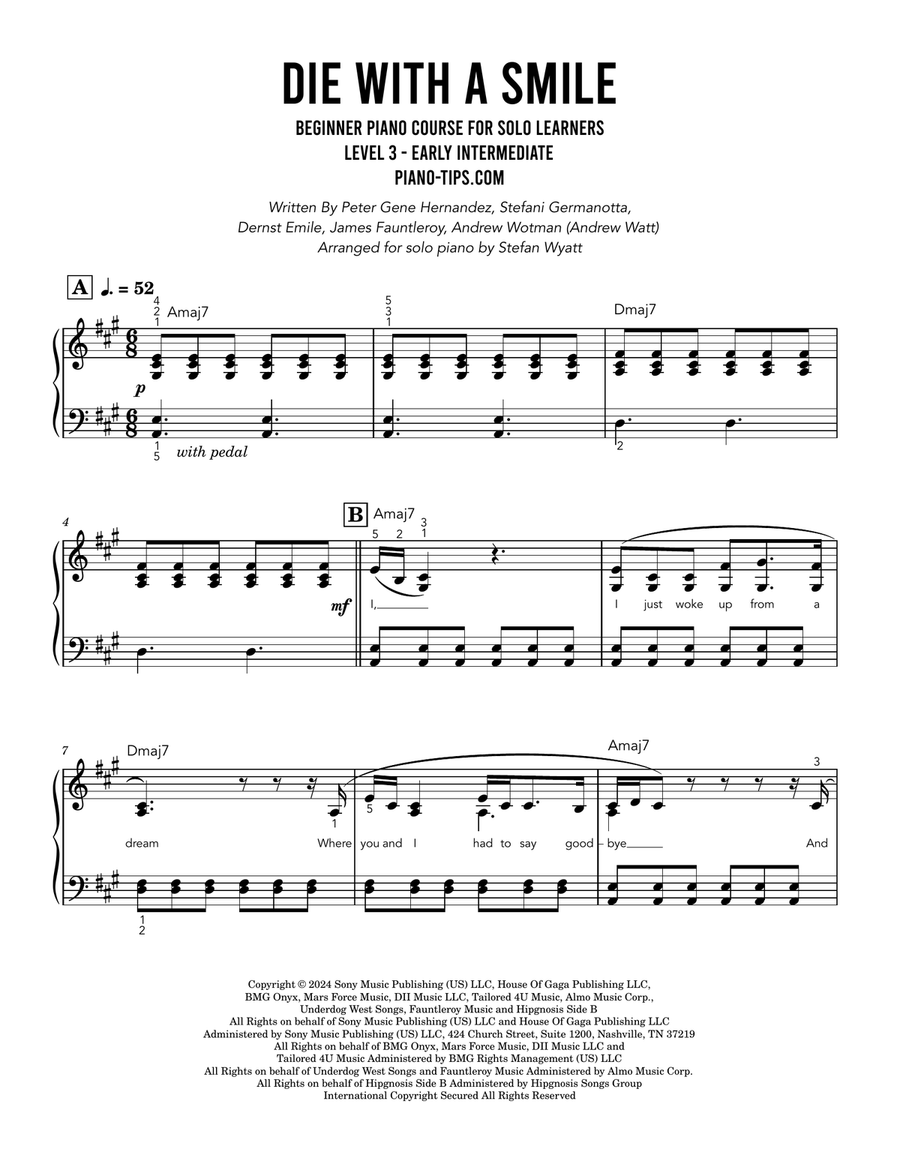 Die With A Smile Piano Solo scores gallery preview page 1