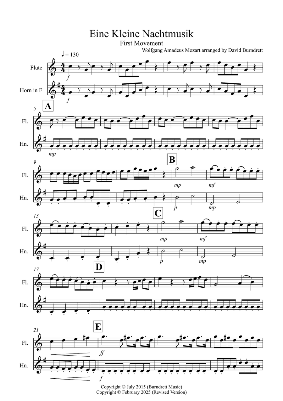Eine Kleine Nachtmusik (1st Movement) for Flute and Horn Duet Woodwind Duet scores gallery preview page 1
