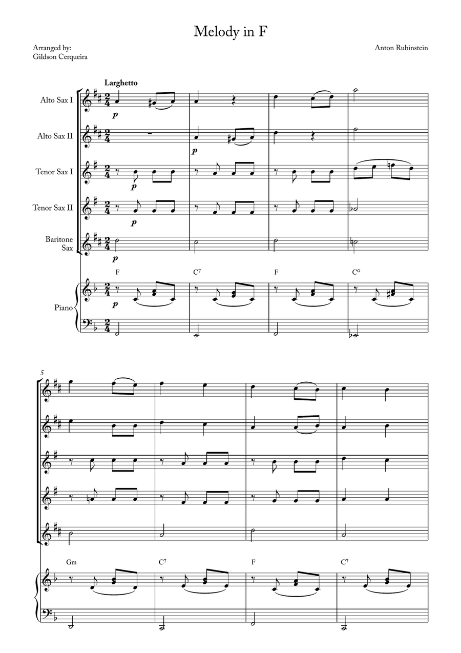 Melody in F Melody in F Saxophone Quintet scores gallery preview page 1