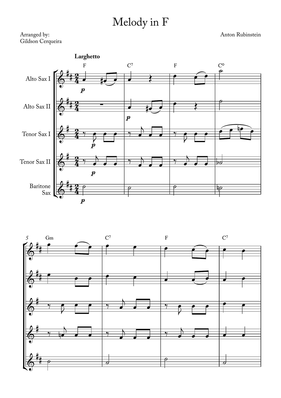 Melody in F Melody in F Saxophone Quintet scores gallery preview page 1