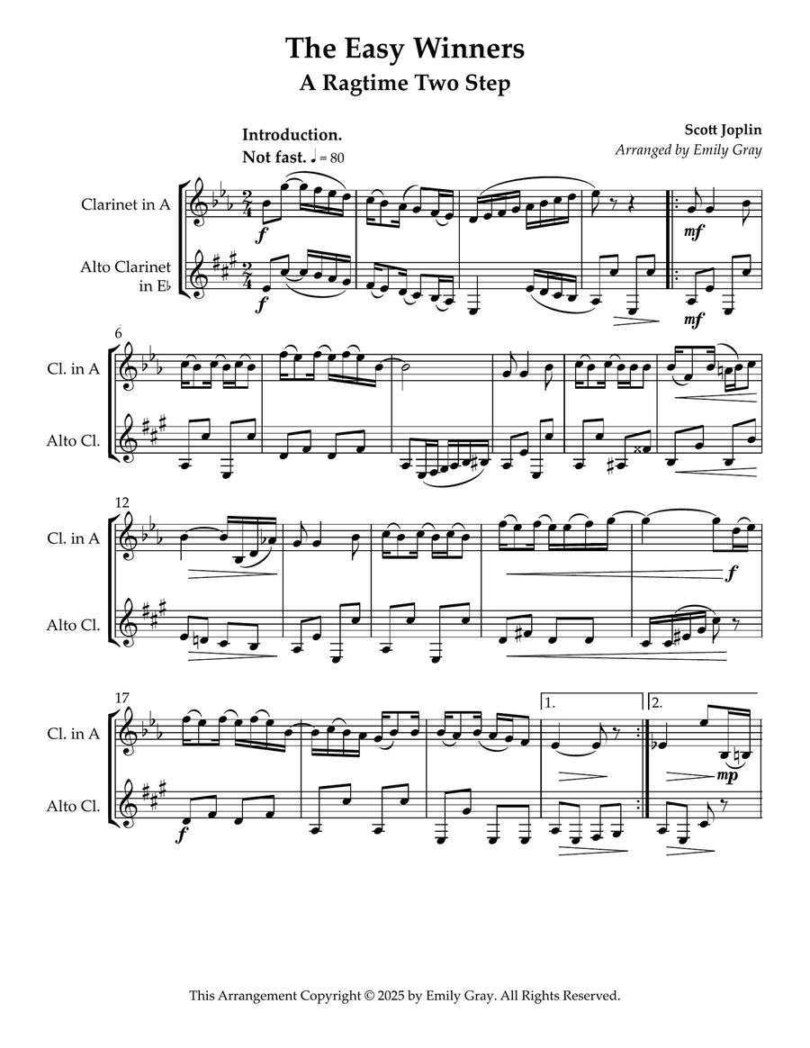 Two Joplin Rags (Clarinet in A and Alto Clarinet) Clarinet Duet scores gallery preview page 1