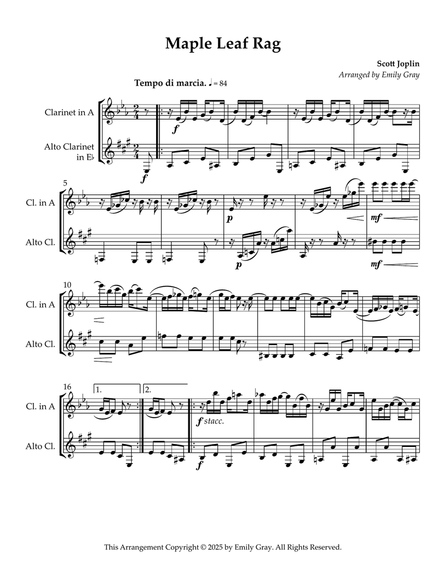 Two Joplin Rags (Clarinet in A and Alto Clarinet) Clarinet Duet scores gallery preview page 5