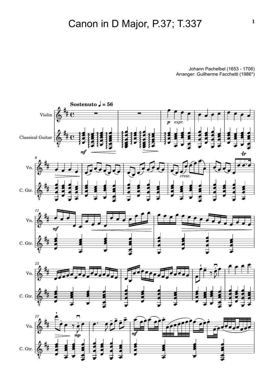 Canon in D Major, P.37; T.337. Arranged for Violin and Guitar. String Duet scores gallery preview page 1
