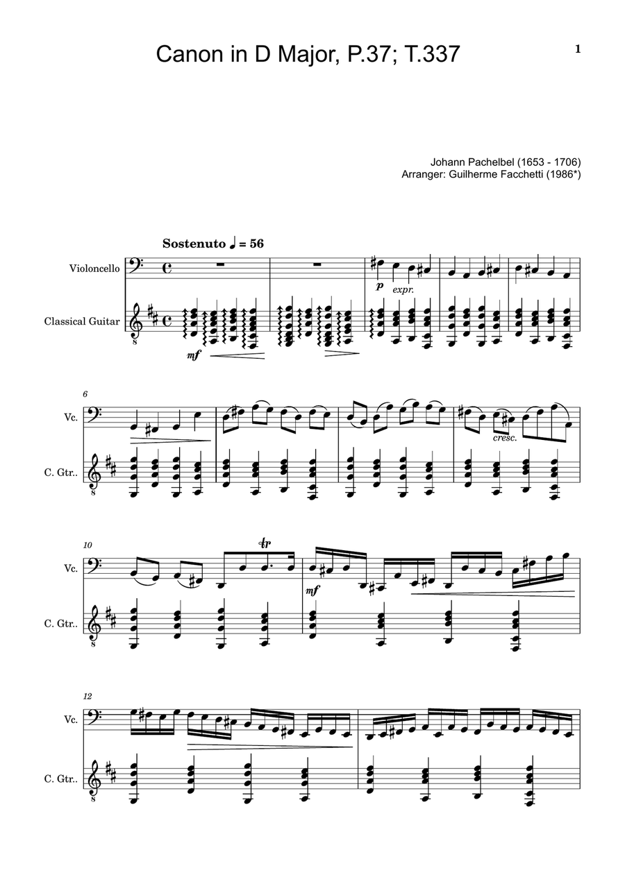 Canon in D Major, P.37; T.337. Arranged for Cello and Guitar String Duet scores gallery preview page 1