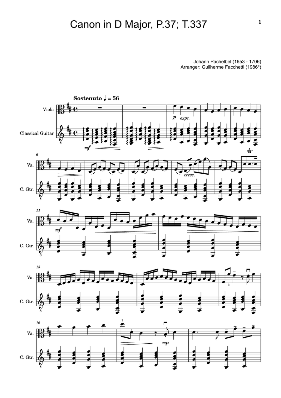 Canon in D Major, P.37; T.337. Arranged for Viola and Guitar. String Duet scores gallery preview page 1