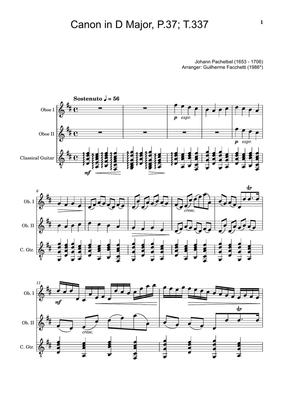 Canon in D Major, P.37; T.337. Oboe Duet and Guitar. Score and Parts Chamber Music scores gallery preview page 1
